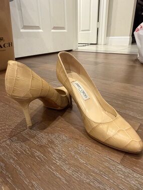 Jimmy Choo Tan Croc-Embossed Leather Pointed-Toe Pumps